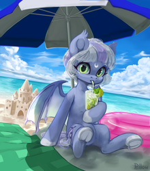 Size: 2000x2276 | Tagged: safe, artist:graypillow, derpibooru import, oc, oc only, oc:dream scape, bat pony, pony, bat pony oc, beach, beach umbrella, cloud, colored hooves, commission, cutie mark, drink, drinking, female, frog (hoof), lime, looking at you, mare, ocean, sand, sandcastle, sky, straw, umbrella, underhoof, ych result