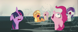 Size: 1920x806 | Tagged: safe, derpibooru import, screencap, applejack, fluttershy, pinkie pie, rarity, twilight sparkle, twilight sparkle (alicorn), alicorn, earth pony, pegasus, pony, unicorn, my little pony: the movie, gasp, gasping, water