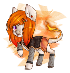 Size: 1100x1144 | Tagged: safe, artist:lastaimin, derpibooru import, oc, oc only, earth pony, pony, augmented tail, chibi, clothes, female, fire, fishnet stockings, mare, one eye closed, piercing, simple background, solo, tail piercing, tongue out, transparent background, vest, wink