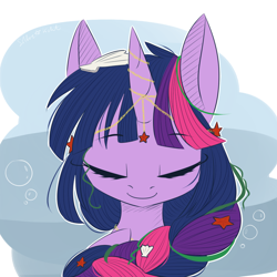 Size: 900x900 | Tagged: safe, artist:silbersternenlicht, twilight sparkle, pony, braid, eyes closed, horn jewelry, jewelry, solo