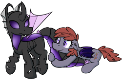 Size: 2162x1464 | Tagged: safe, artist:moemneop, oc, oc only, oc:lukida, oc:memorynumber, bat pony, changeling, pony, changeling oc, hug, purple changeling, simple background, tail hug, transparent background