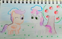 Size: 1274x805 | Tagged: safe, artist:sumi-mlp25, scootaloo, sweetie belle, pegasus, pony, unicorn, apple tree, duo, female, filly, grass, one eye closed, smiling, traditional art, tree, wink