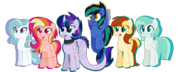 Size: 5400x2208 | Tagged: safe, artist:leanne264, derpibooru import, oc, oc only, oc:flairy cloud, oc:mennie might, oc:raisy sea, oc:richie skail, oc:rikky miss, oc:tylie, earth pony, pegasus, pony, unicorn, base used, female, mare, movie accurate, simple background, transparent background