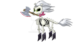 Size: 1024x576 | Tagged: safe, artist:susanzx2000, derpibooru import, skellinore, skeleton pony, the break up breakdown, axe, bandana, blood, bone, boots, frown, glare, glowing eyes, mouth hold, shoes, simple background, skeleton, solo, transparent background, watermark, weapon