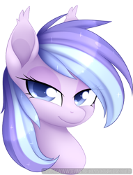 Size: 597x780 | Tagged: safe, artist:scarlet-spectrum, derpibooru import, oc, oc only, oc:glowing jade, bat pony, pony, art trade, bat pony oc, bust, digital art, female, hair over one eye, lidded eyes, looking at you, mare, portrait, signature, simple background, smiling, solo, transparent background