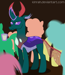 Size: 862x990 | Tagged: safe, artist:kinrah, derpibooru import, pharynx, changedling, changeling, atg 2018, male, newbie artist training grounds, party, prince pharynx, unamused