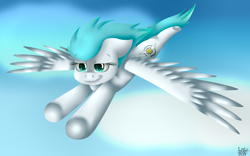 Size: 1400x874 | Tagged: safe, artist:pinkpearlmlp, oc, oc only, oc:sonic boom, pegasus, pony, female, flying, mare, solo