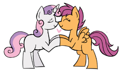 Size: 1024x580 | Tagged: safe, artist:scoot11, derpibooru import, scootaloo, sweetie belle, pony, boop, cute, eyes closed, female, filly, heart, holding hooves, lesbian, noseboop, rearing, scootabelle, shipping, simple background, smiling