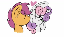 Size: 1024x600 | Tagged: safe, artist:colorfulwonders, derpibooru import, scootaloo, sweetie belle, pegasus, pony, unicorn, cute, eyes closed, female, filly, heart, kiss on the cheek, kissing, lesbian, one eye closed, scootabelle, shipping, simple background, smiling, wink