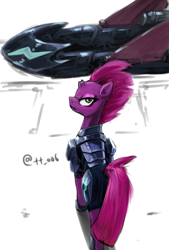 Size: 1377x2039 | Tagged: safe, artist:oberon826, derpibooru import, tempest shadow, pony, unicorn, my little pony: the movie, broken horn, female, looking at you, looking back, looking back at you, mare, sky skiff, solo