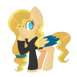 Size: 400x400 | Tagged: safe, artist:mintoria, derpibooru import, oc, oc:sundance, pegasus, pony, clothes, female, hoodie, mare, one eye closed, simple background, solo, transparent background, two toned wings, wink