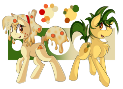 Size: 2790x2007 | Tagged: safe, artist:beardie, oc, oc only, oc:cheesyblend, oc:piña, food pony, original species, pizza pony, food, pizza