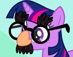 Size: 337x266 | Tagged: safe, screencap, twilight sparkle, unicorn twilight, pony, unicorn, it's about time, groucho mask, solo