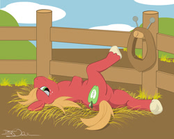 Size: 1000x800 | Tagged: safe, artist:sherwood, derpibooru import, big macintosh, earth pony, pony, anatomically incorrect, cute, fence, hay, horse collar, horses doing horse things, incorrect leg anatomy, lazy, looking at you, macabetes, male, on back, relaxing, solo, stallion, underhoof