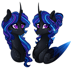 Size: 1280x1219 | Tagged: safe, artist:australian-senior, derpibooru import, twilight sparkle, twilight sparkle (alicorn), oc, oc:luminia invictus, alicorn, pony, alternate design, alternate universe, bust, chest fluff, colored wings, curved horn, ethereal mane, female, hair bun, kirindos, mare, simple background, solo, starry mane, transparent background