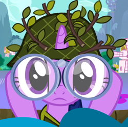 Size: 692x689 | Tagged: safe, screencap, twilight sparkle, pony, dragon quest, binoculars, camouflage, cropped, helmet, solo