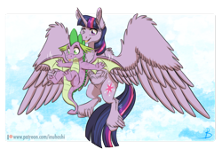 Size: 1024x725 | Tagged: safe, artist:inuhoshi-to-darkpen, derpibooru import, spike, twilight sparkle, twilight sparkle (alicorn), alicorn, dragon, pony, molt down, :p, cheek fluff, chest fluff, cloud, ear fluff, feathered fetlocks, female, flying, large wings, male, mare, patreon, patreon logo, silly, simple background, sky, spread wings, teaching, tongue out, transparent background, unshorn fetlocks, winged spike, wings