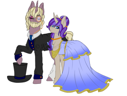 Size: 1002x760 | Tagged: safe, artist:kimyowolf, derpibooru import, oc, oc only, oc:crystallay moon, oc:humphrey moon, pony, unicorn, clothes, dress, female, hat, male, mare, monocle, scar, simple background, stallion, suit, top hat, transparent background