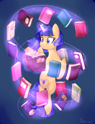 Size: 1368x1780 | Tagged: safe, artist:darlyjay, derpibooru import, oc, oc:sterling sentry, pony, unicorn, book, female, magic, mare, offspring, parent:flash sentry, parent:twilight sparkle, parents:flashlight, solo