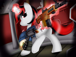 Size: 8000x6000 | Tagged: safe, artist:handmantoot, oc, oc only, oc:blackjack, pony, unicorn, fallout equestria, fallout equestria: project horizons, absurd resolution, armor, assault rifle, clothes, fanfic, fanfic art, female, fn scar, glowing horn, gun, hooves, horn, levitation, magic, mare, pipbuck, plot, print, raised hoof, scenery, security armor, solo, telekinesis, underhoof, vault security armor, vault suit, weapon