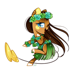 Size: 1000x1017 | Tagged: safe, artist:ipun, oc, oc only, earth pony, pony, alolan raichu, clothes, female, flower, grass skirt, heart eyes, hula, lei, mare, pokémon, raichu, simple background, skirt, solo, transparent background, wingding eyes