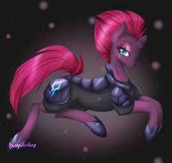 Size: 1563x1484 | Tagged: safe, artist:bunnywhiskerz, derpibooru import, tempest shadow, pony, unicorn, my little pony: the movie, abstract background, armor, broken horn, colored pupils, eye scar, female, lidded eyes, looking at you, mare, scar, signature, solo