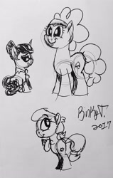 Size: 1830x2870 | Tagged: safe, artist:binkyt11, derpibooru exclusive, bella brella, lily longsocks, nosey news, quill (character), pony, monochrome, rearing, signature, traditional art