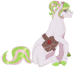 Size: 1056x984 | Tagged: safe, artist:bijutsuyoukai, derpibooru import, oc, oc only, earth pony, pony, female, magical lesbian spawn, mare, offspring, parent:daisy, parent:nurse redheart, saddle bag, simple background, sitting, solo, transparent background