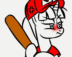 Size: 1002x793 | Tagged: safe, artist:mod wit, derpibooru import, oc, oc only, oc:berry isthmus, pony, unicorn, angry, annoyed, baseball, baseball bat, baseball cap, blushing, cap, cross-popping veins, cute, explicit source, female, hat, mare, sports