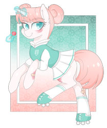 Size: 2509x3000 | Tagged: safe, artist:thecreativerey, derpibooru import, oc, oc only, oc:rolla derbi, pony, unicorn, bandaid, bruised, candy, clothes, cute, female, food, glowing horn, hair bun, lollipop, mare, pleated skirt, roller skates, scratching, simple background, skirt, socks, solo, transparent background, uniform