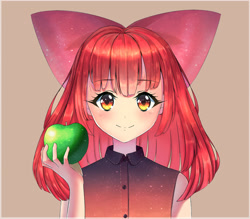 Size: 1620x1421 | Tagged: safe, artist:mite-lime, apple bloom, human, adorabloom, anime, apple, bow, bust, clothes, cute, food, hair bow, humanized, looking at you, smiling, solo