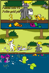 Size: 848x1264 | Tagged: safe, artist:pencil bolt, derpibooru import, oc, oc:deep violet, oc:pencil bolt, oc:polite gold pie, fish, seapony (g4), diamond, lake, tree