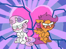 Size: 1024x768 | Tagged: safe, artist:pinkiespresent, derpibooru import, scootaloo, sweetie belle, pegasus, pony, unicorn, surf and/or turf, angry, crossed hooves, duo, female, filly, heart, unamused