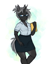 Size: 2550x3300 | Tagged: safe, artist:askbubblelee, derpibooru import, oc, oc only, oc:imago, anthro, unicorn, adorasexy, anthro oc, beautiful, breasts, business suit, businessmare, chest fluff, clothes, curved horn, cute, ear fluff, female, folder, glasses, grey hair, horn, lidded eyes, looking away, mare, ocbetes, ponytail, sexy, shirt, simple background, skirt, solo, species swap, sweat, unicornified