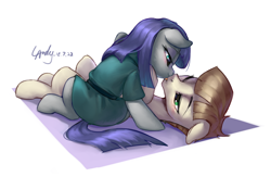 Size: 2000x1300 | Tagged: safe, artist:luciferamon, derpibooru import, maud pie, mudbriar, earth pony, pony, blushing, clothes, cute, daaaaaaaaaaaw, female, licking, lying down, male, mare, maudbriar, shipping, signature, stallion, straight, tongue out
