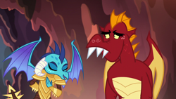 Size: 1280x720 | Tagged: safe, screencap, garble, princess ember, dragon, gauntlet of fire, bowing, dragon armor, duo, eyes closed, open mouth, sad, spread wings