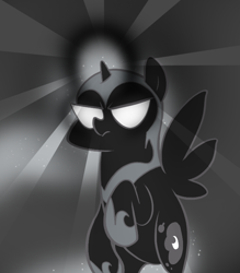 Size: 666x761 | Tagged: safe, artist:egophiliac, nightmare moon, ask, dark woona, filly, glowing eyes, grayscale, magic, monochrome, moonstuck, nightmare woon, solo, tumblr