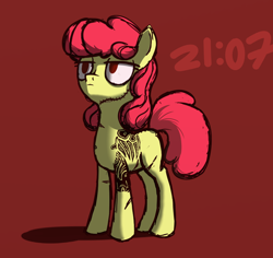 Size: 900x850 | Tagged: safe, artist:hc0, derpibooru import, apple bloom, pony, older, red background, scar, simple background, solo, tattoo