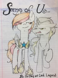 Size: 761x1023 | Tagged: safe, artist:the pony of lost legend, derpibooru import, oc, oc only, pegasus, pony, unicorn, fanfic, fanfic art, fanfic cover, gay, hoof shoes, horn, lined paper, male, oc x oc, pegasus oc, raised hoof, royal guard, shipping, smiling, smirk, traditional art, unamused, unicorn oc, wings
