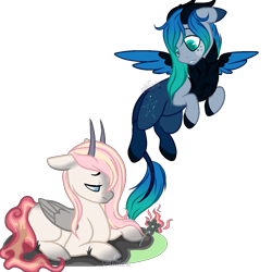 Size: 1200x1200 | Tagged: safe, artist:aledera, derpibooru import, oc, oc only, oc:amber ashes, oc:orion, pegasus, pony, female, flower, horn, male, prone, simple background, transparent background