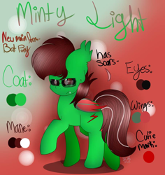 Size: 908x960 | Tagged: safe, artist:slenderdash, derpibooru import, oc, oc:minty light, bat pony, glasses, reference sheet