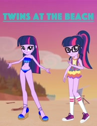 Size: 2550x3300 | Tagged: safe, artist:huntercwalls, derpibooru import, sci-twi, twilight sparkle, better together, equestria girls, lost and found, beach, bikini, clothes, converse, doppelganger, friendship, happy, high heels, shoes, sunset, swimsuit, twolight