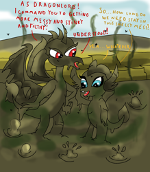 Size: 1400x1600 | Tagged: safe, artist:amateur-draw, derpibooru import, princess ember, smolder, dragon, downvote bait, engrish, female, mud, muddy, smelly, stink lines, text, volcano, wet and messy