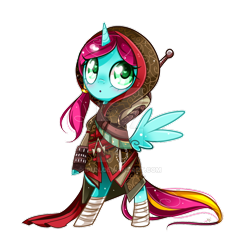 Size: 800x833 | Tagged: safe, artist:ipun, oc, oc only, oc:aurora, alicorn, pony, alicorn oc, assassin's creed, bipedal, blushing, clothes, cosplay, costume, female, heart eyes, mare, shao jun, simple background, solo, transparent background, wingding eyes