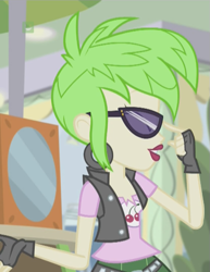 Size: 491x637 | Tagged: safe, screencap, cherry crash, equestria girls, mirror magic, spoiler:eqg specials, clothes, cropped, female, fingerless gloves, gloves, solo, sunglasses