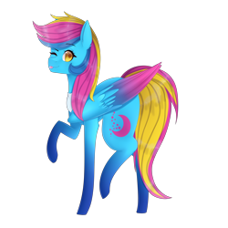 Size: 3000x3000 | Tagged: safe, artist:bonniebatman, oc, oc only, pegasus, pony, colored wings, female, high res, mare, multicolored wings, one eye closed, raised hoof, raised leg, simple background, solo, tongue out, transparent background, wink
