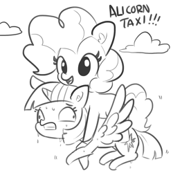 Size: 1650x1650 | Tagged: safe, artist:tjpones, derpibooru import, pinkie pie, twilight sparkle, twilight sparkle (alicorn), alicorn, earth pony, pony, black and white, female, grayscale, mare, monochrome, ponies riding ponies