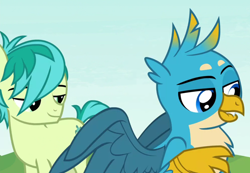 Size: 1494x1032 | Tagged: safe, derpibooru import, screencap, gallus, sandbar, hippogriff, non-compete clause, beak, lip bite, male, out of context, sexy face, shipping fuel, teenager, wings