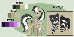 Size: 1600x802 | Tagged: safe, artist:ipandacakes, derpibooru import, oc, oc:foxtrot, earth pony, pony, female, mare, offspring, parent:frederic horseshoepin, parent:octavia melody, parents:fredtavia, reference sheet, solo