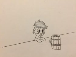 Size: 526x395 | Tagged: safe, artist:krafty kitsune, derpibooru import, oc, oc:krafty kitsune, atg 2018, blushing, chibi, cider, mug, newbie artist training grounds, solo, tankard, traditional art